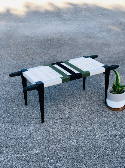 Mid Century Bench | Custom Size Woven Entryway Seating With Matte Black Legs
