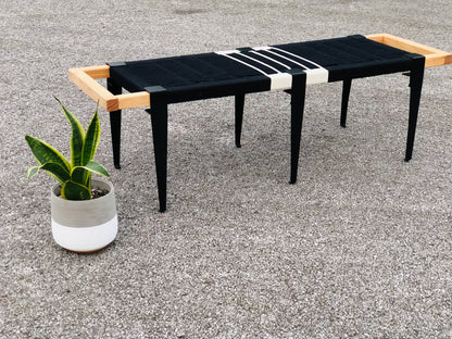 Mid Century Bench | Custom Size Woven Entryway Seating With Matte Black Legs