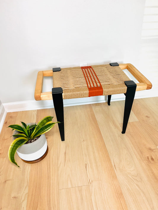 Mid Century Bench | Custom Size Woven Entryway Seating With Matte Black Legs