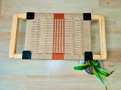 Mid Century Bench | Custom Size Woven Entryway Seating With Matte Black Legs