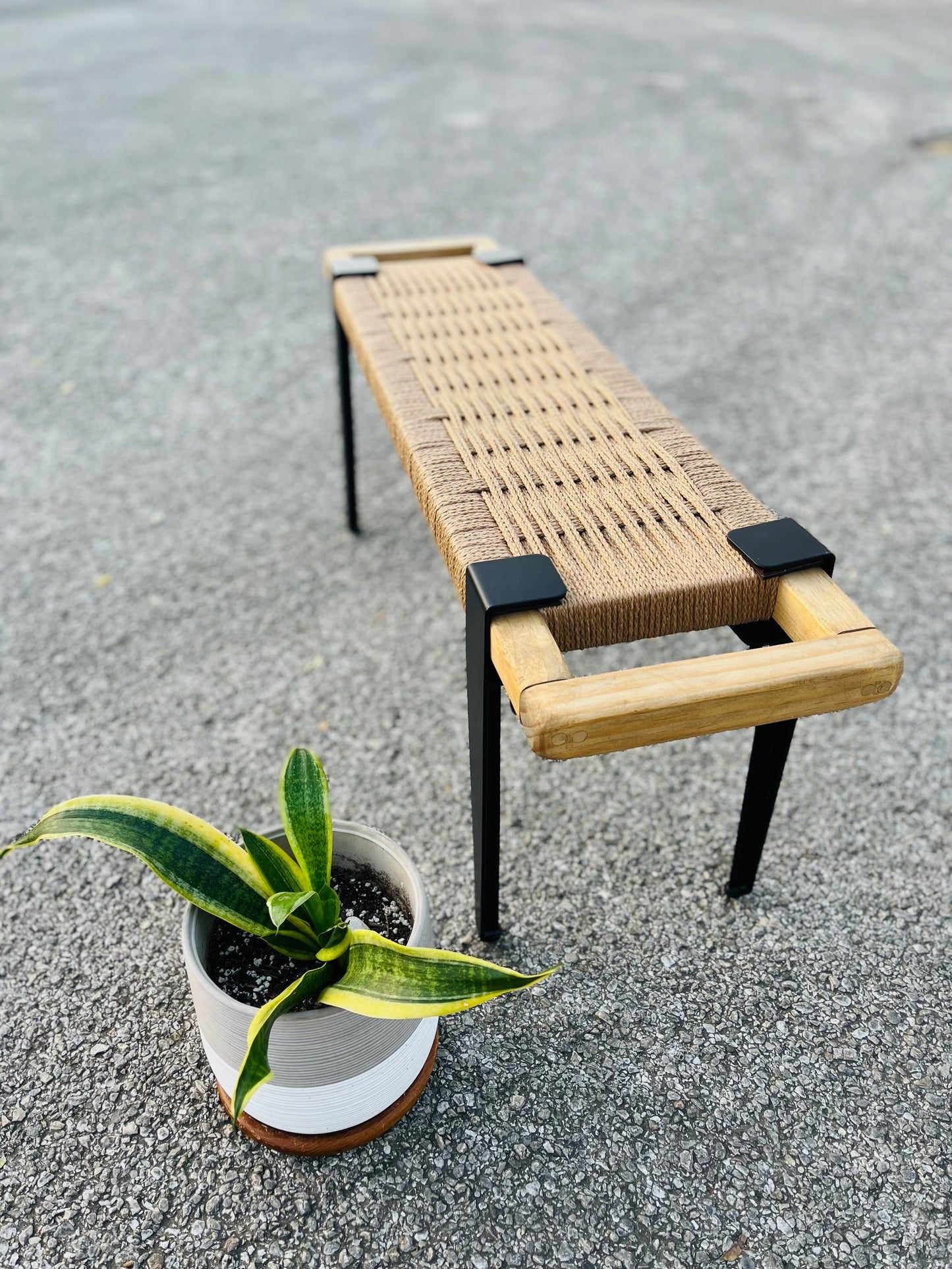 Mid Century Bench | Custom Size Woven Entryway Seating With Matte Black Legs