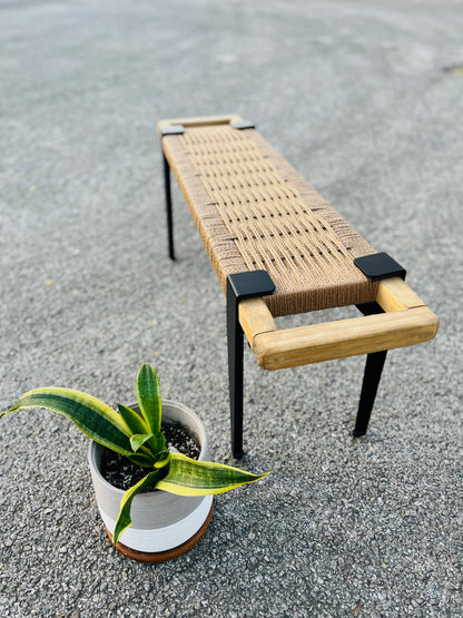 Mid Century Bench | Custom Size Woven Entryway Seating With Matte Black Legs