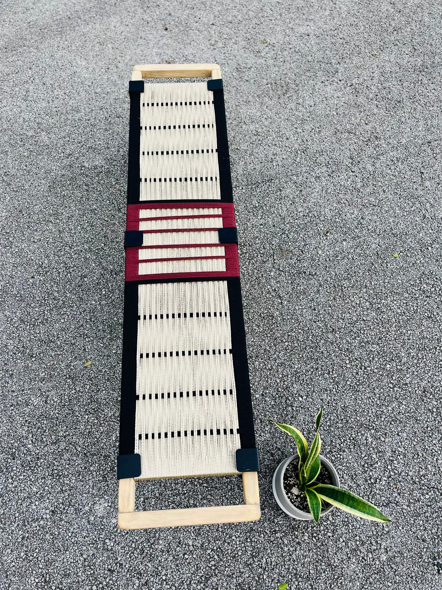 Mid Century Bench | Custom Size Woven Entryway Seating With Matte Black Legs