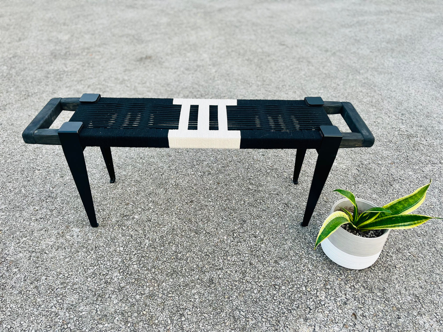 Mid Century Bench | Custom Size Woven Entryway Seating With Matte Black Legs