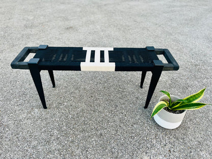 Mid Century Bench | Custom Size Woven Entryway Seating With Matte Black Legs