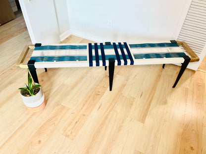 Mid Century Bench | Custom Size Woven Entryway Seating With Matte Black Legs