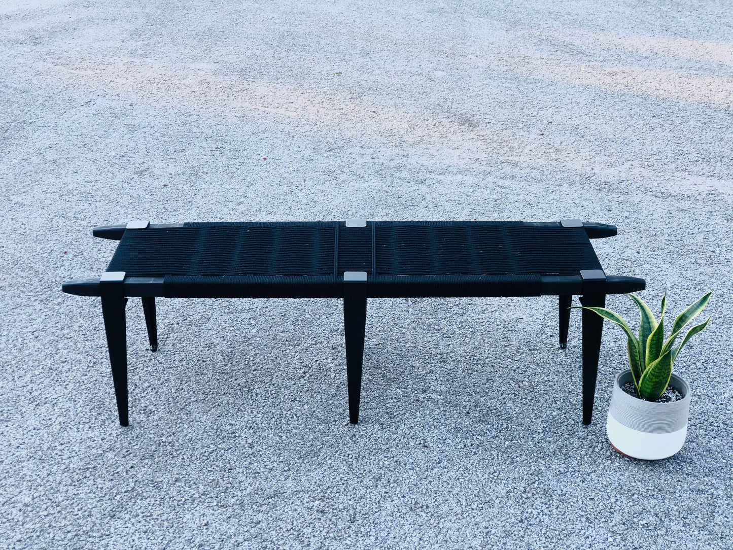 Mid Century Bench | Custom Size Woven Entryway Seating With Matte Black Legs