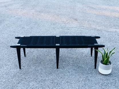 Mid Century Bench | Custom Size Woven Entryway Seating With Matte Black Legs