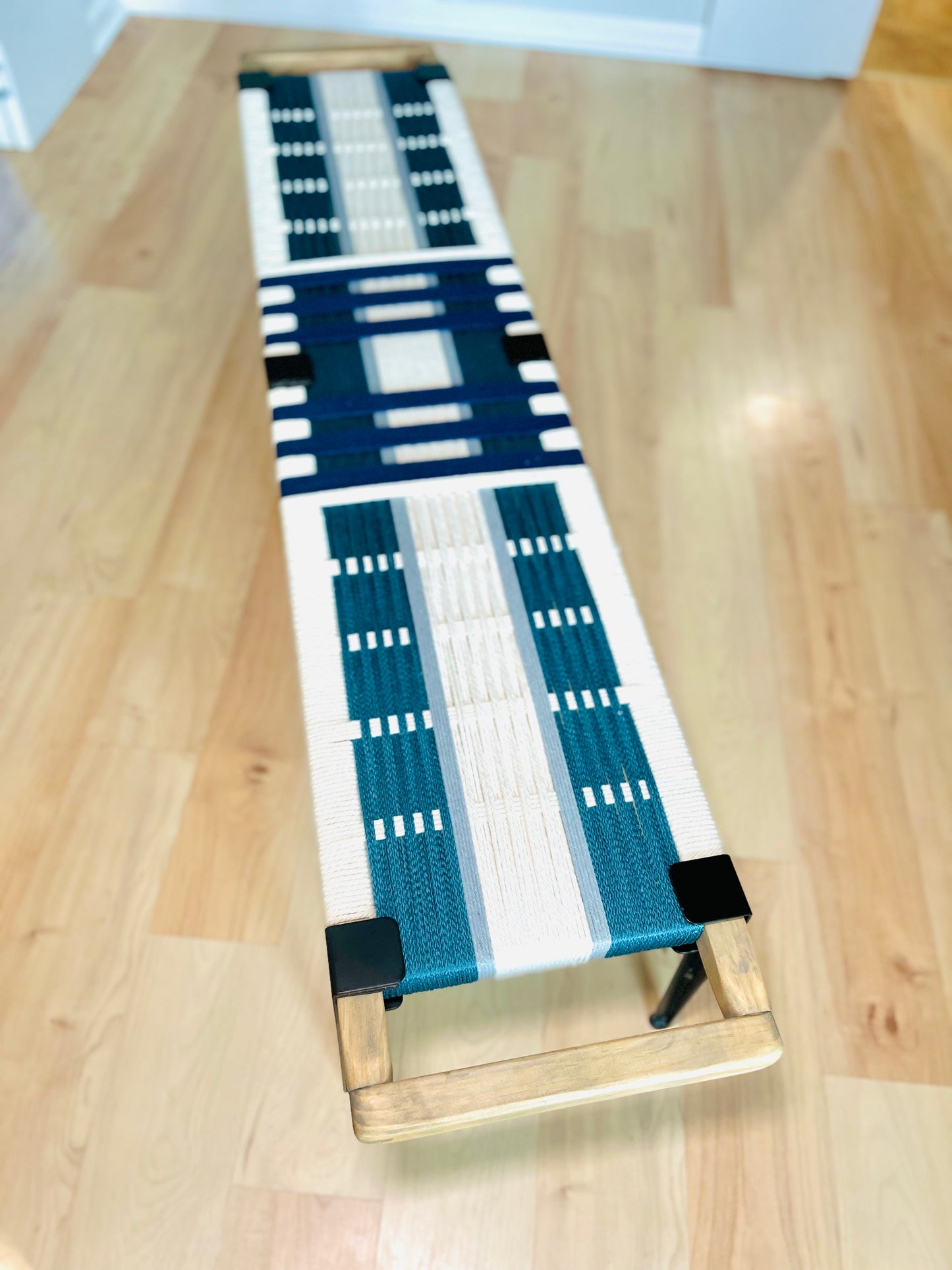 Mid Century Bench | Custom Size Woven Entryway Seating With Matte Black Legs