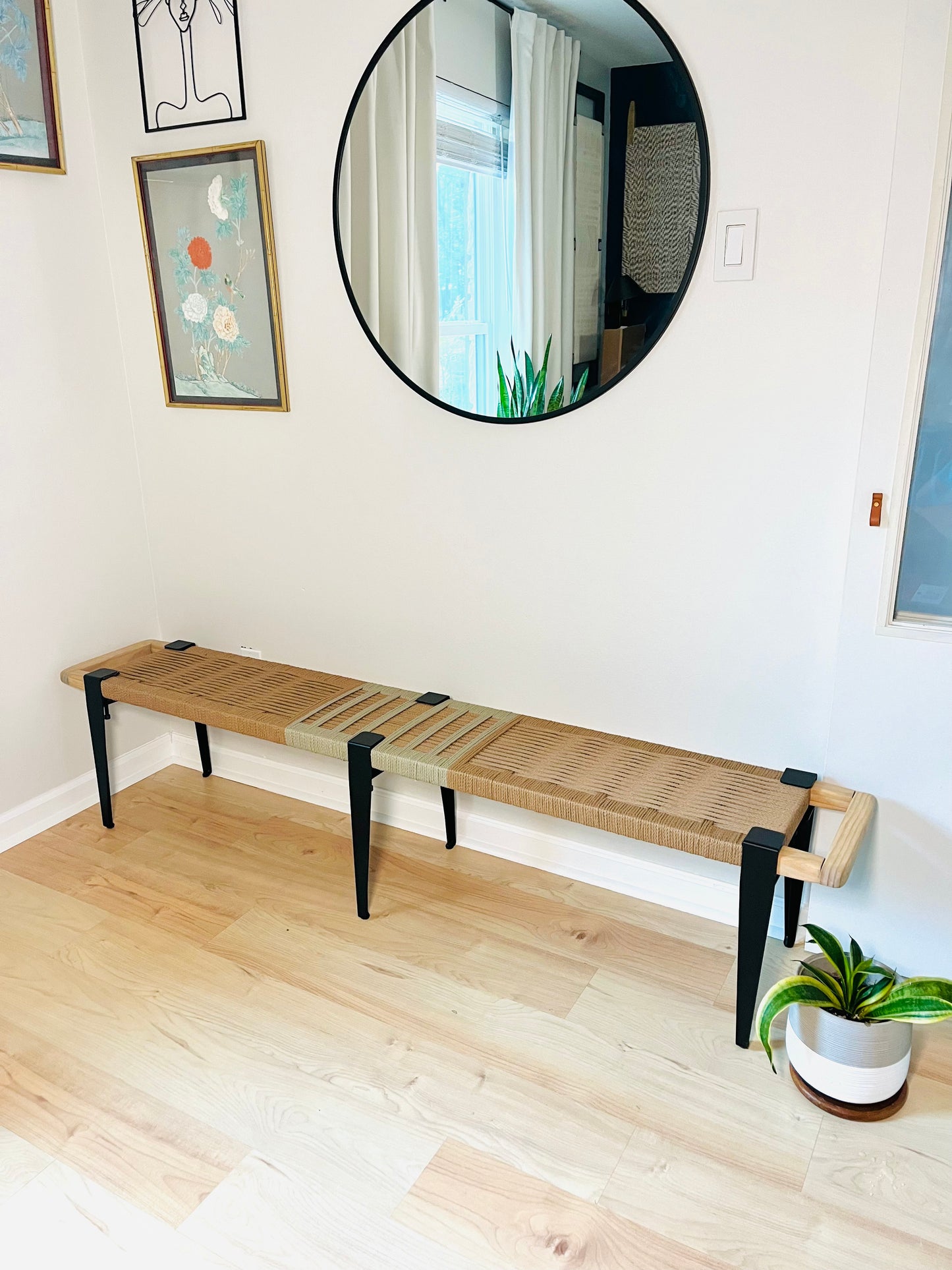 Mid Century Bench | Custom Size Woven Entryway Seating With Matte Black Legs