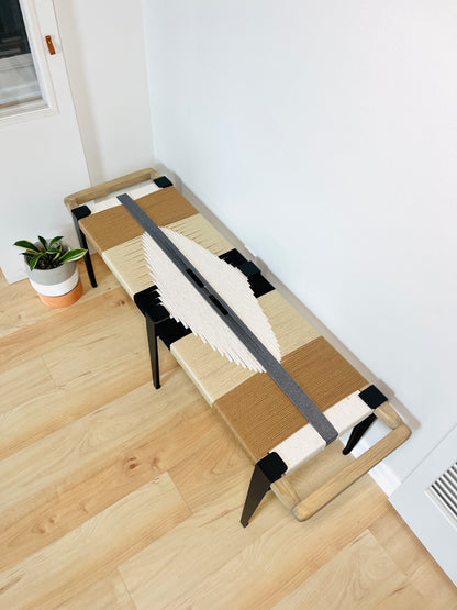 Mid Century Bench | Custom Size Woven Entryway Seating With Matte Black Legs