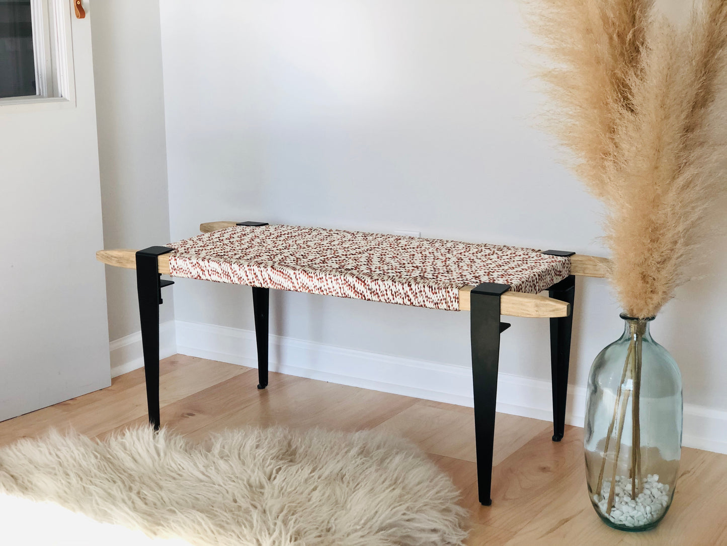 Mid Century Bench | Custom Size Woven Entryway Seating With Matte Black Legs