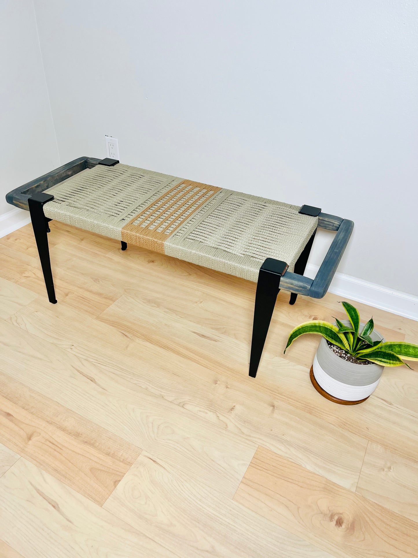 Mid Century Bench | Custom Size Woven Entryway Seating With Matte Black Legs