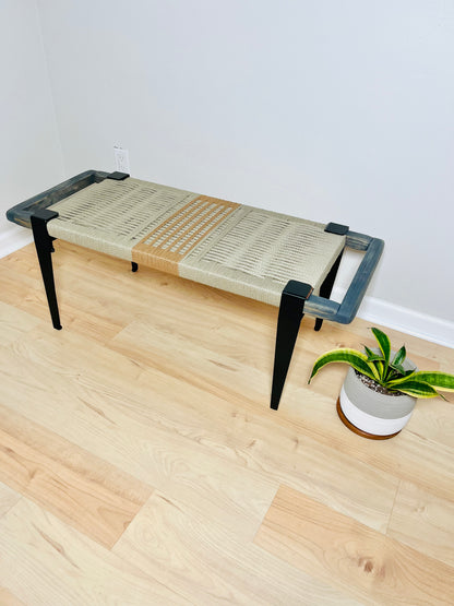 Mid Century Bench | Custom Size Woven Entryway Seating With Matte Black Legs