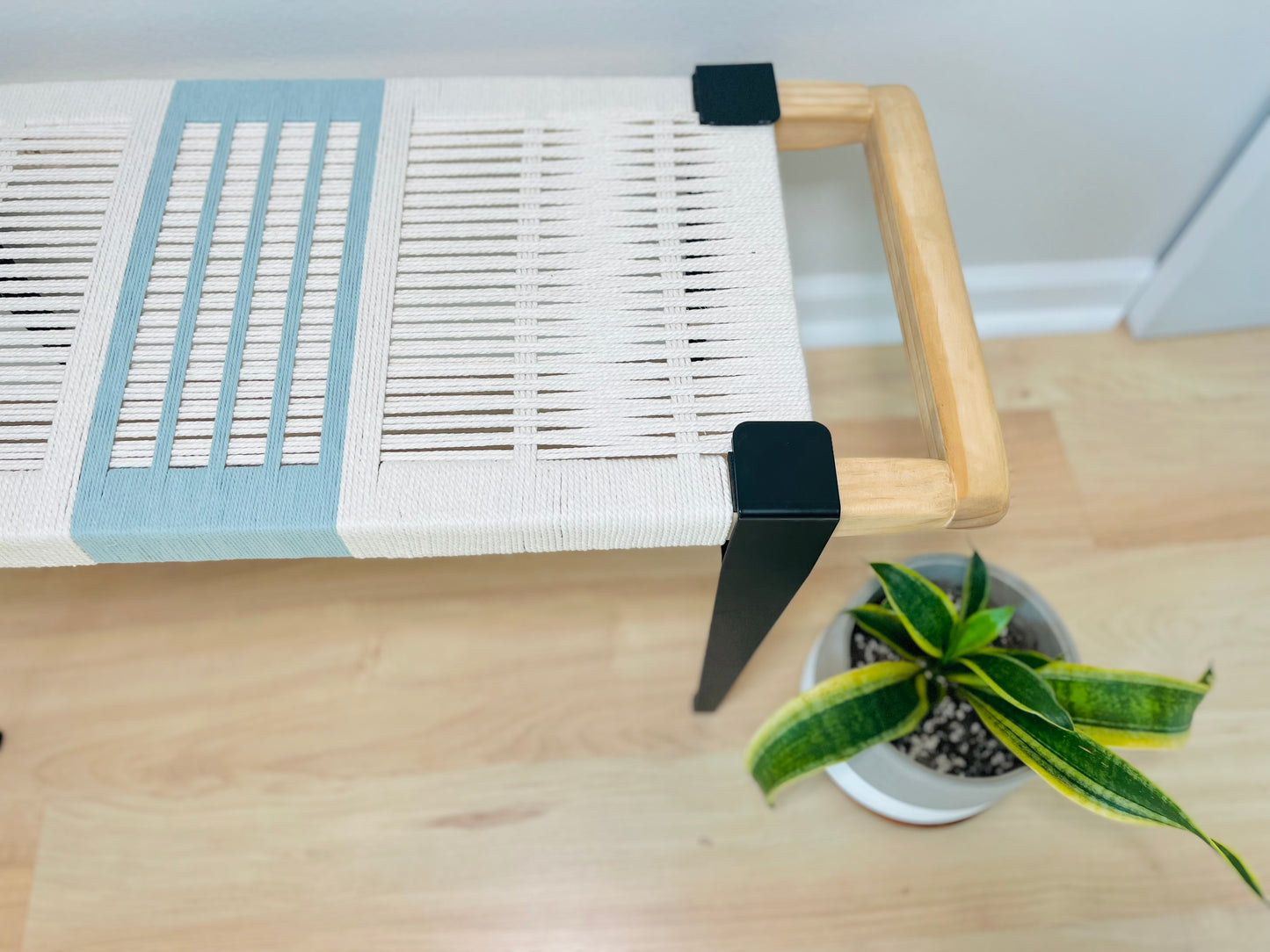 Mid Century Bench | Custom Size Woven Entryway Seating With Matte Black Legs