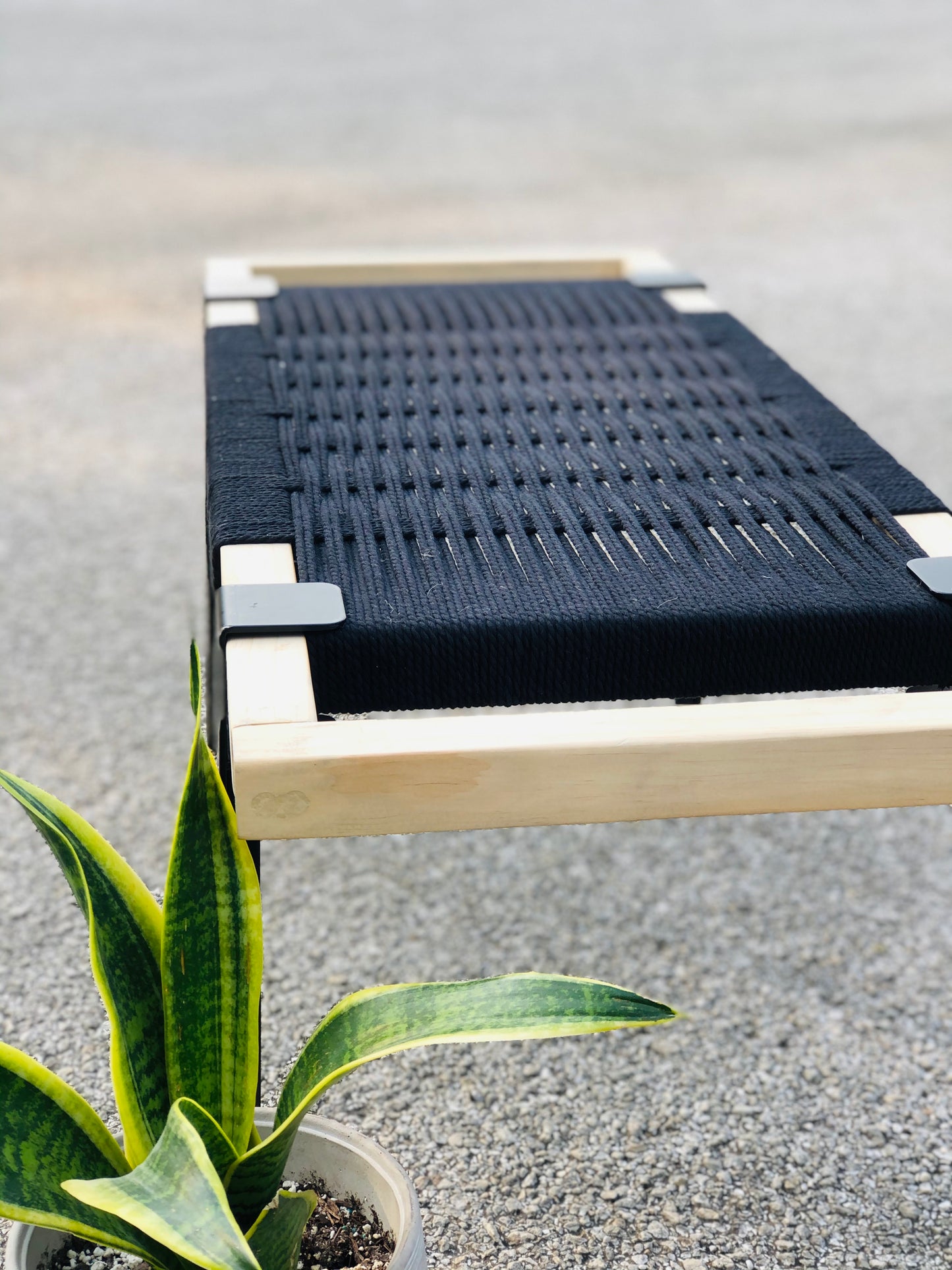 Mid Century Bench | Custom Size Woven Entryway Seating With Matte Black Legs