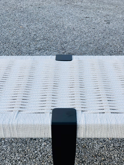 Mid Century Bench | Custom Size Woven Entryway Seating With Matte Black Legs