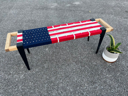 Mid Century Bench | Custom Size Woven Entryway Seating With Matte Black Legs