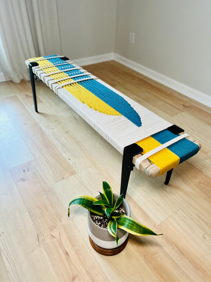 Mid Century Bench | Custom Size Woven Entryway Seating With Matte Black Legs