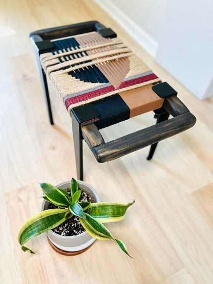 Mid Century Bench | Custom Size Woven Entryway Seating With Matte Black Legs