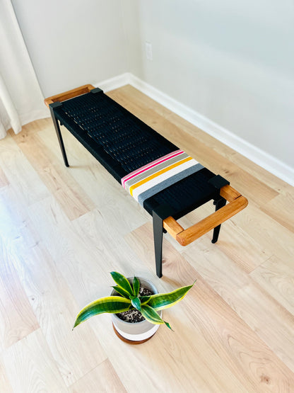 Mid Century Bench | Custom Size Woven Entryway Seating With Matte Black Legs