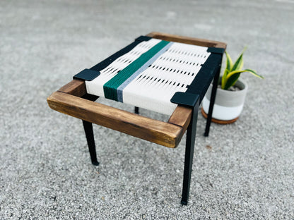 Mid Century Bench | Custom Size Woven Entryway Seating With Matte Black Legs