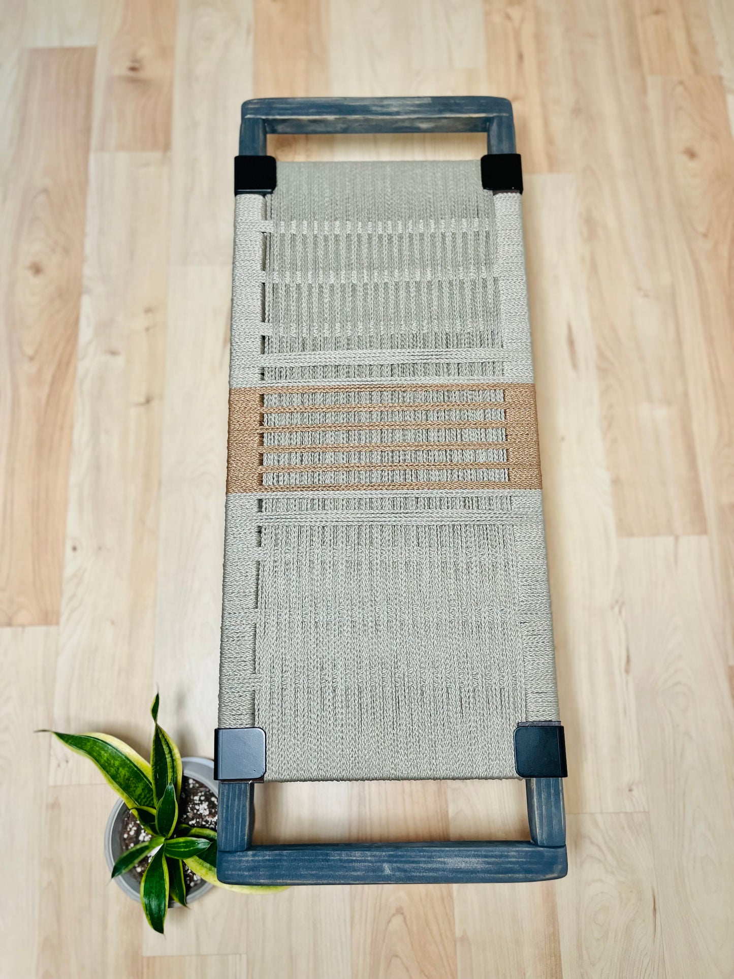 Mid Century Bench | Custom Size Woven Entryway Seating With Matte Black Legs
