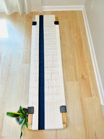 Mid Century Bench | Custom Size Woven Entryway Seating With Matte Black Legs