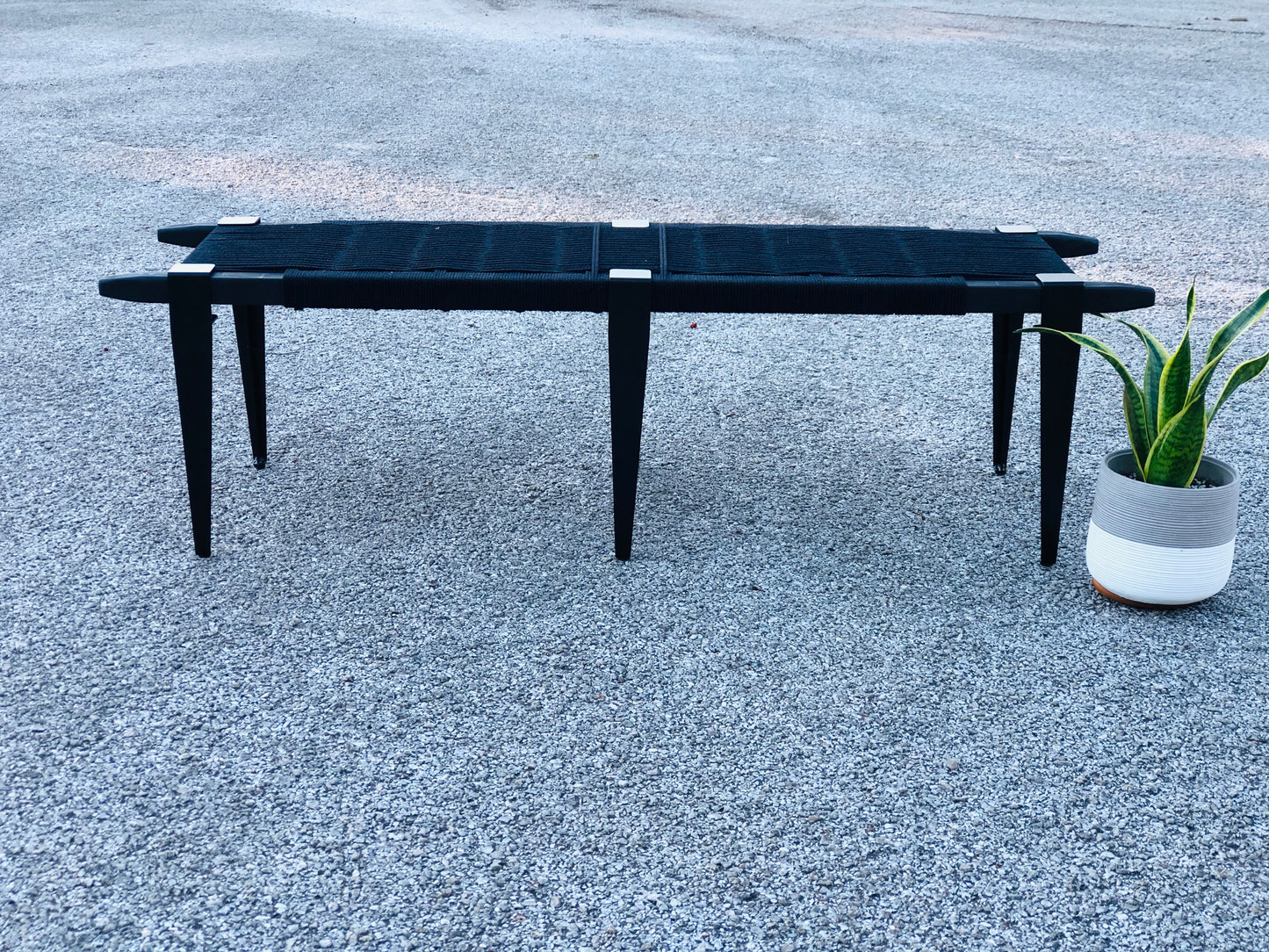 Mid Century Bench | Custom Size Woven Entryway Seating With Matte Black Legs