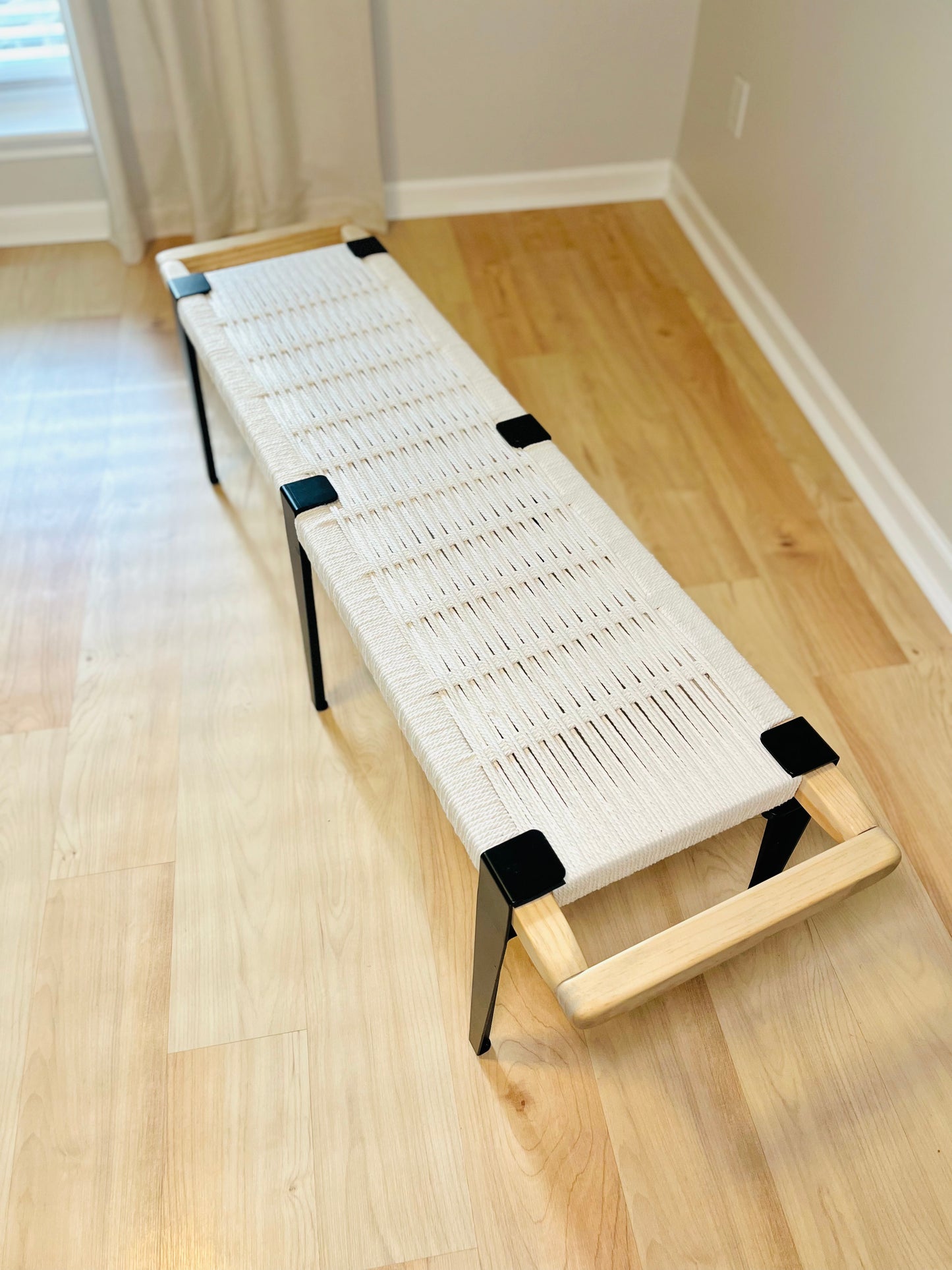 Mid Century Bench | Custom Size Woven Entryway Seating With Matte Black Legs