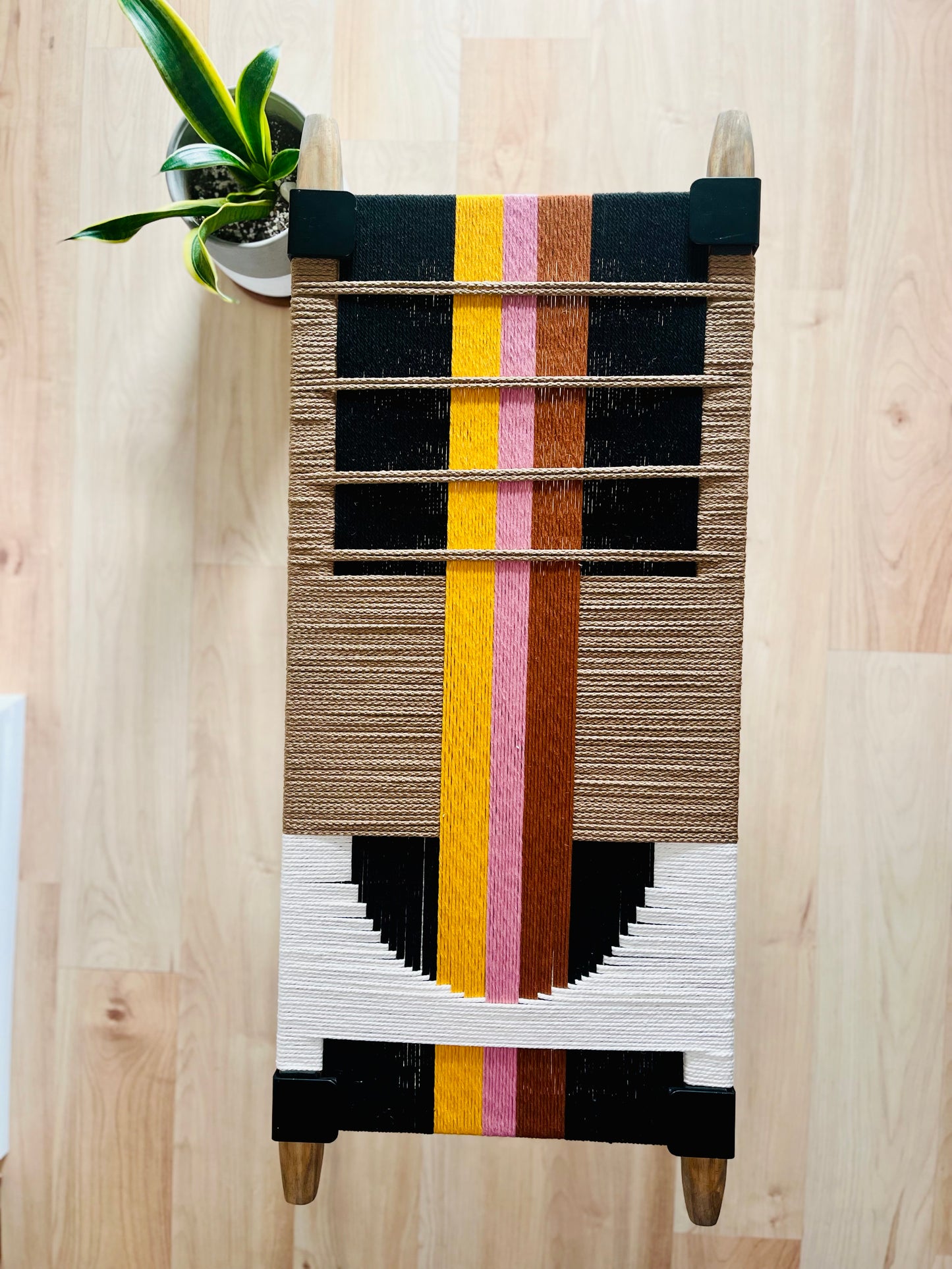 Mid Century Bench | Custom Size Woven Entryway Seating With Matte Black Legs