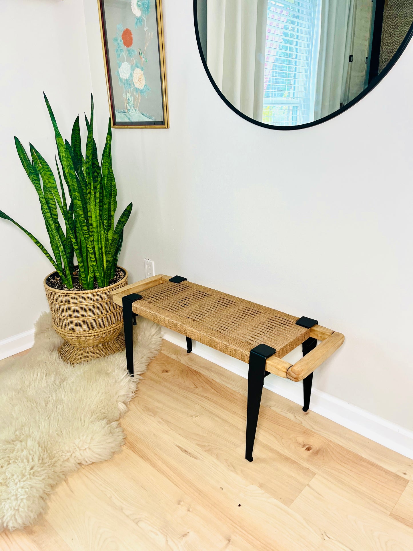 Mid Century Bench | Custom Size Woven Entryway Seating With Matte Black Legs