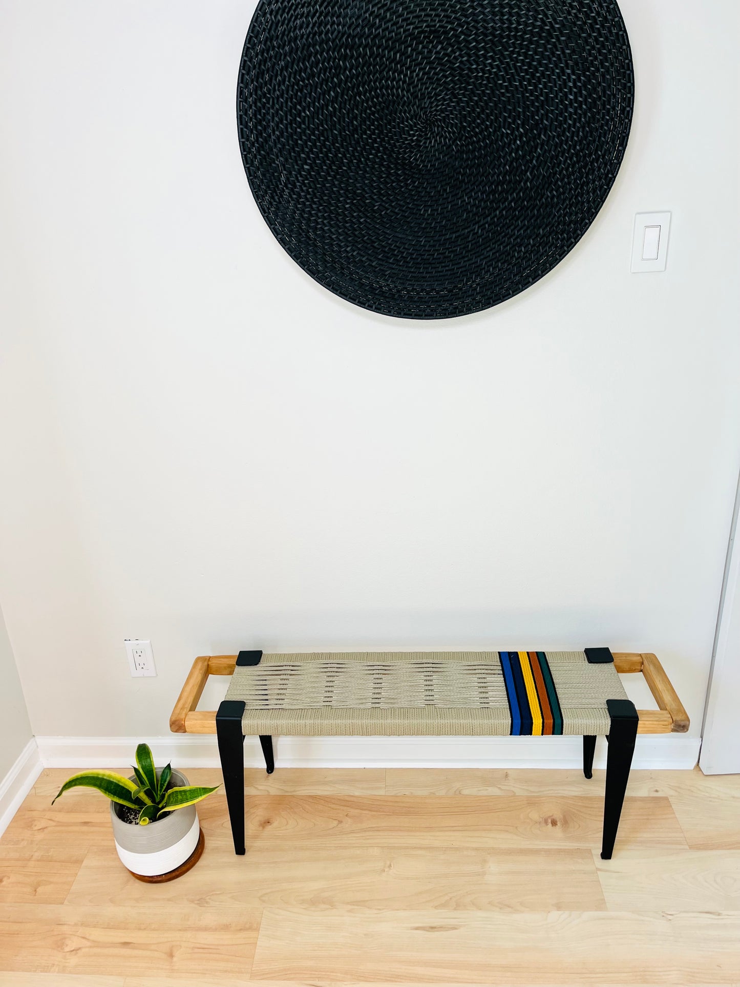 Mid Century Bench | Custom Size Woven Entryway Seating With Matte Black Legs