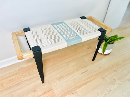 Mid Century Bench | Custom Size Woven Entryway Seating With Matte Black Legs