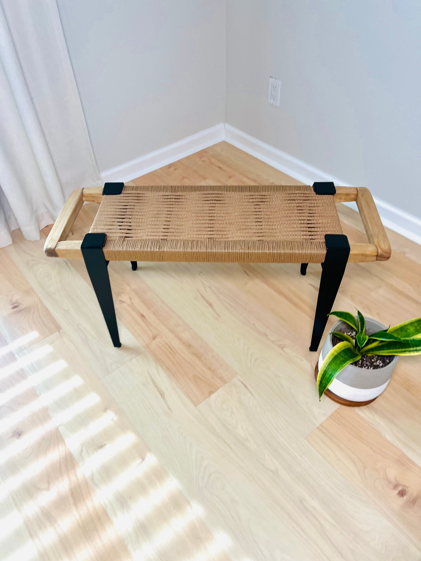 Mid Century Bench | Custom Size Woven Entryway Seating With Matte Black Legs