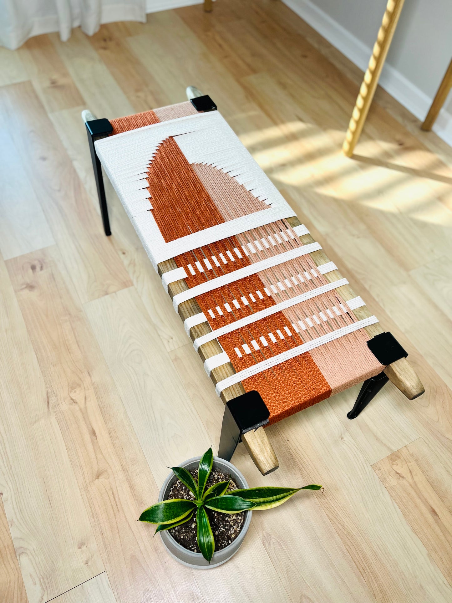 Mid Century Bench | Custom Size Woven Entryway Seating With Matte Black Legs