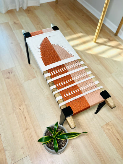 Mid Century Bench | Custom Size Woven Entryway Seating With Matte Black Legs