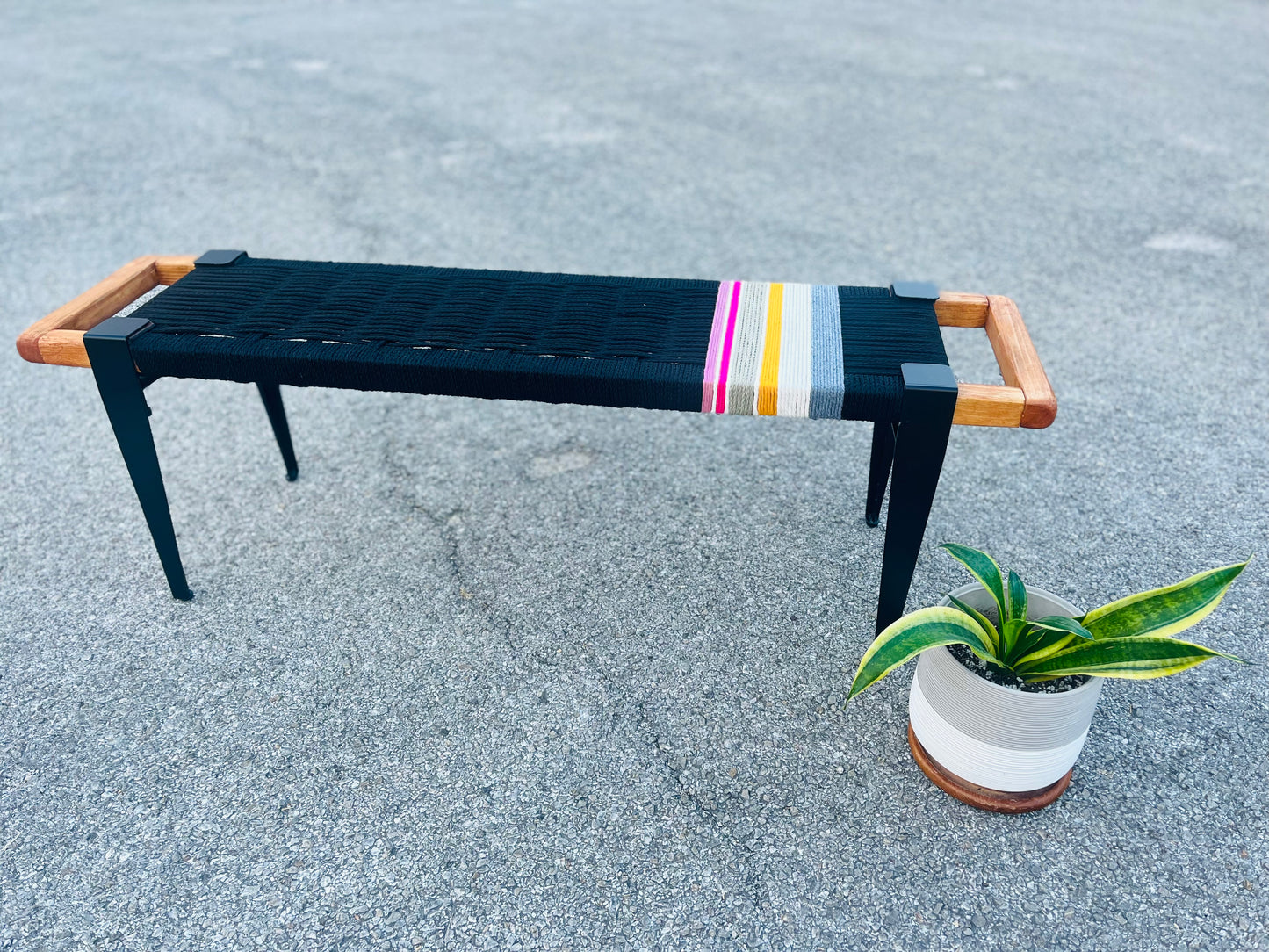 Mid Century Bench | Custom Size Woven Entryway Seating With Matte Black Legs