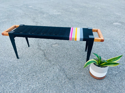 Mid Century Bench | Custom Size Woven Entryway Seating With Matte Black Legs