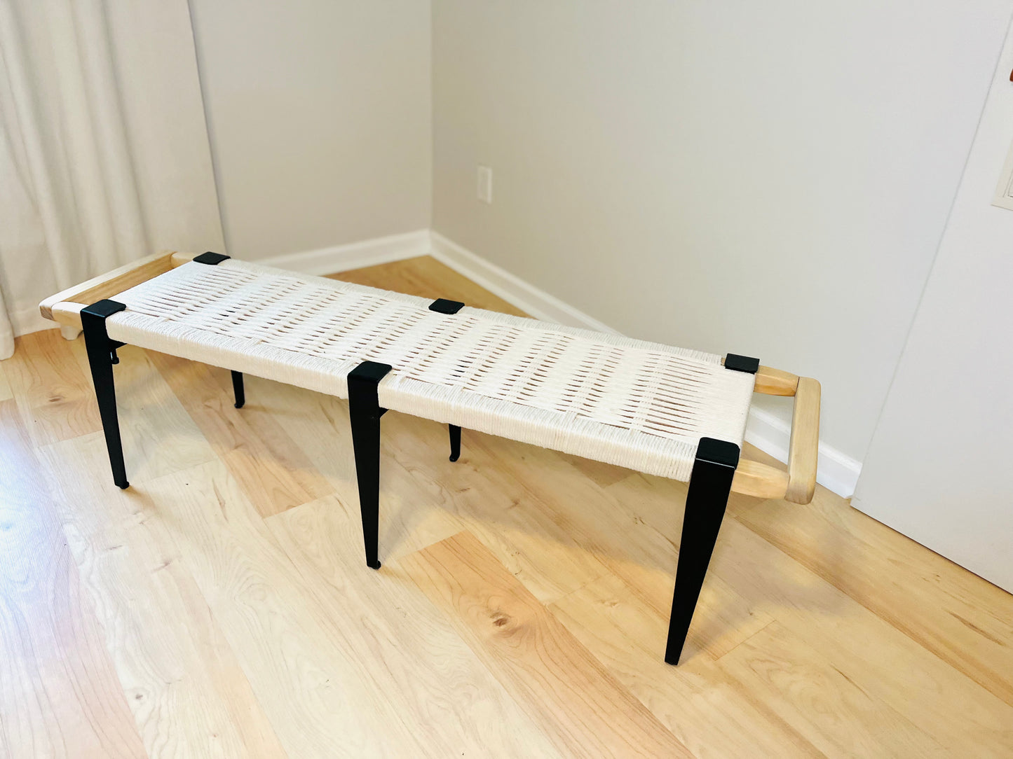 Mid Century Bench | Custom Size Woven Entryway Seating With Matte Black Legs