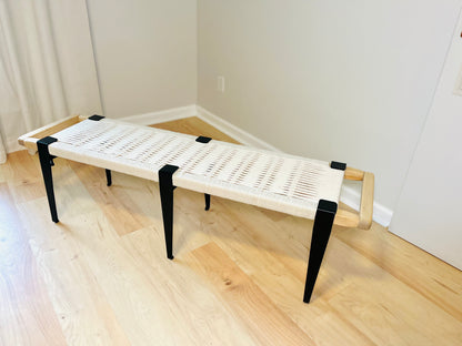 Mid Century Bench | Custom Size Woven Entryway Seating With Matte Black Legs