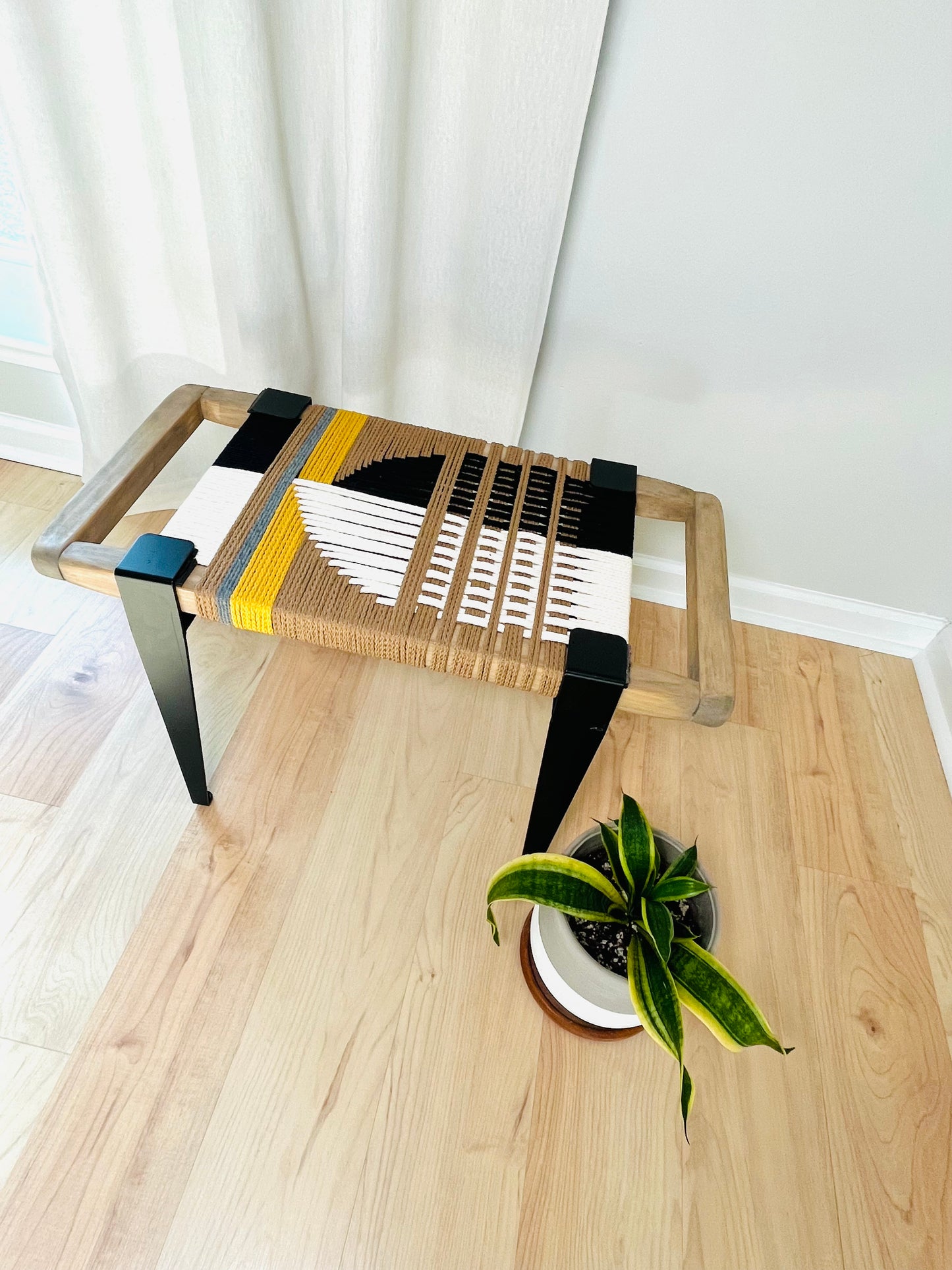 Mid Century Bench | Custom Size Woven Entryway Seating With Matte Black Legs