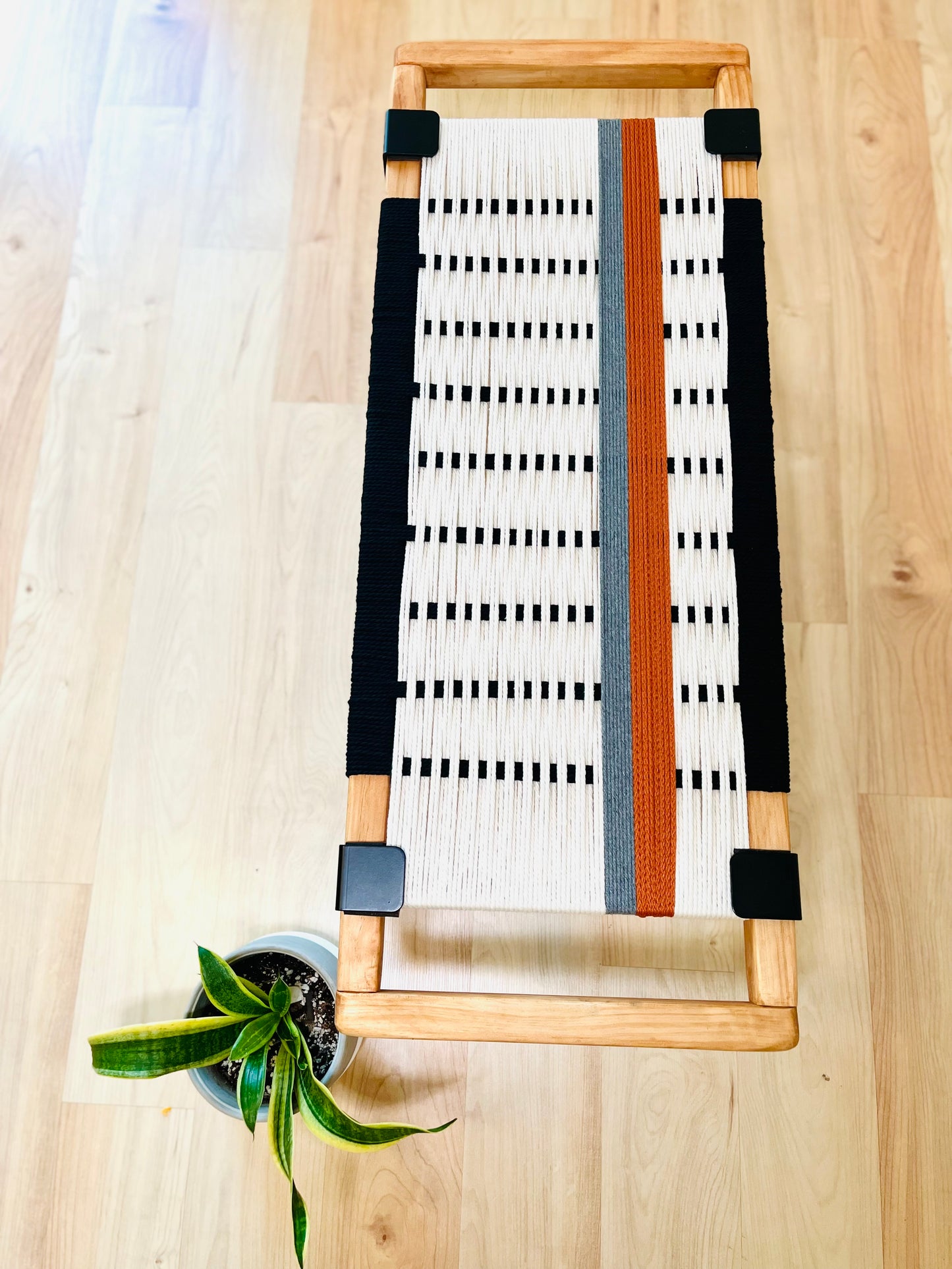 Mid Century Bench | Custom Size Woven Entryway Seating With Matte Black Legs