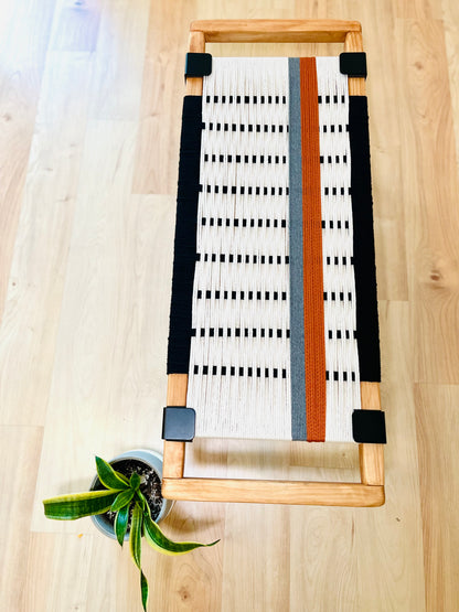 Mid Century Bench | Custom Size Woven Entryway Seating With Matte Black Legs