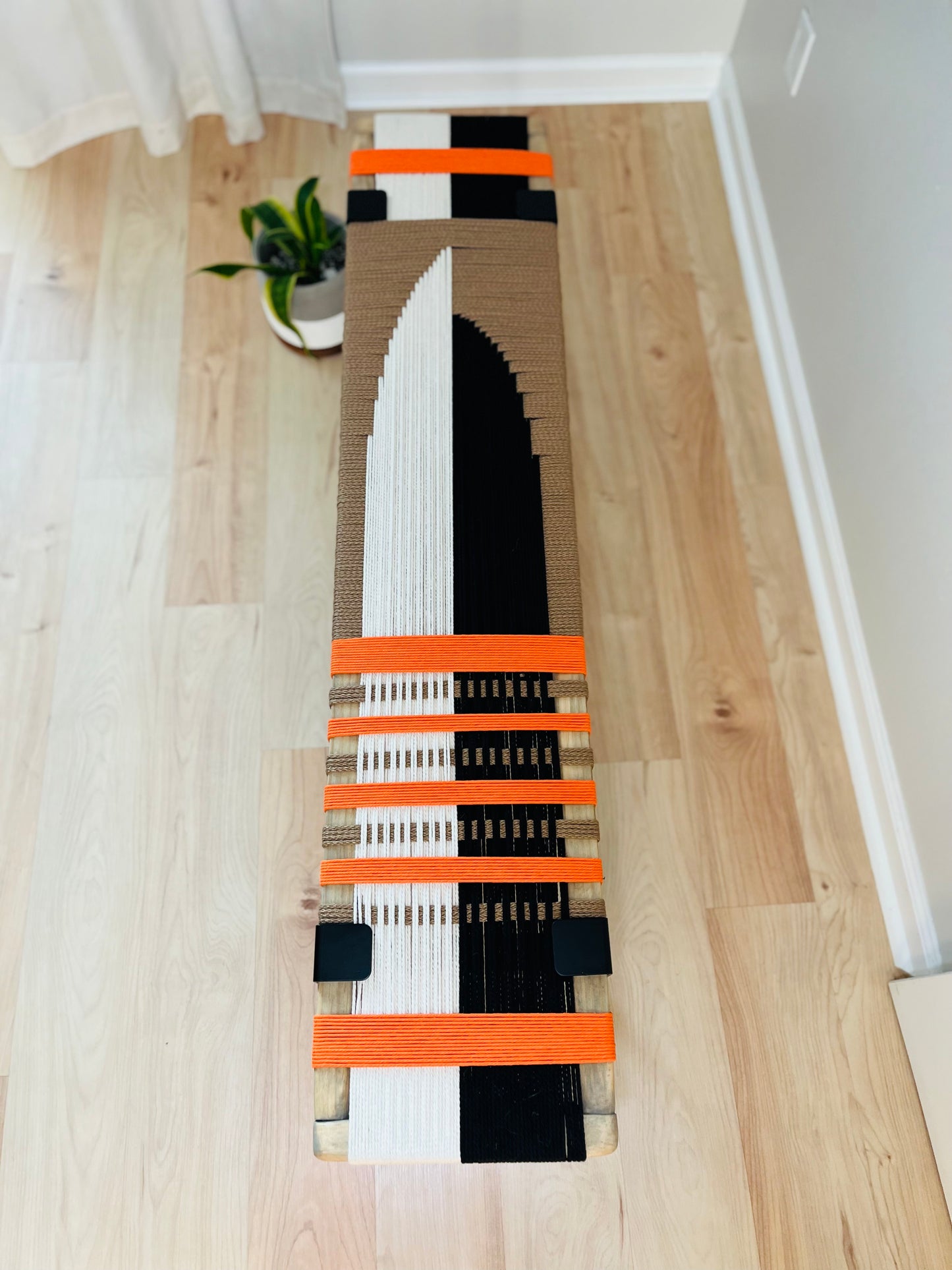 Mid Century Bench | Custom Size Woven Entryway Seating With Matte Black Legs