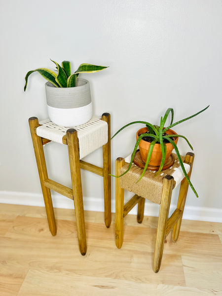 Mid-Century Modern Style Woven Indoor Plant Stands (tall set of 2)