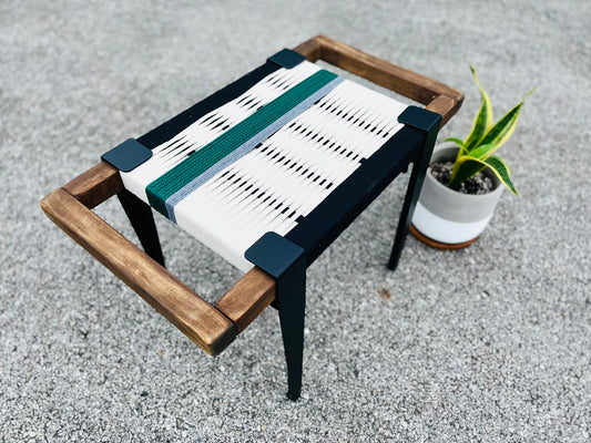 Mid Century Bench | Custom Size Woven Entryway Seating With Matte Black Legs