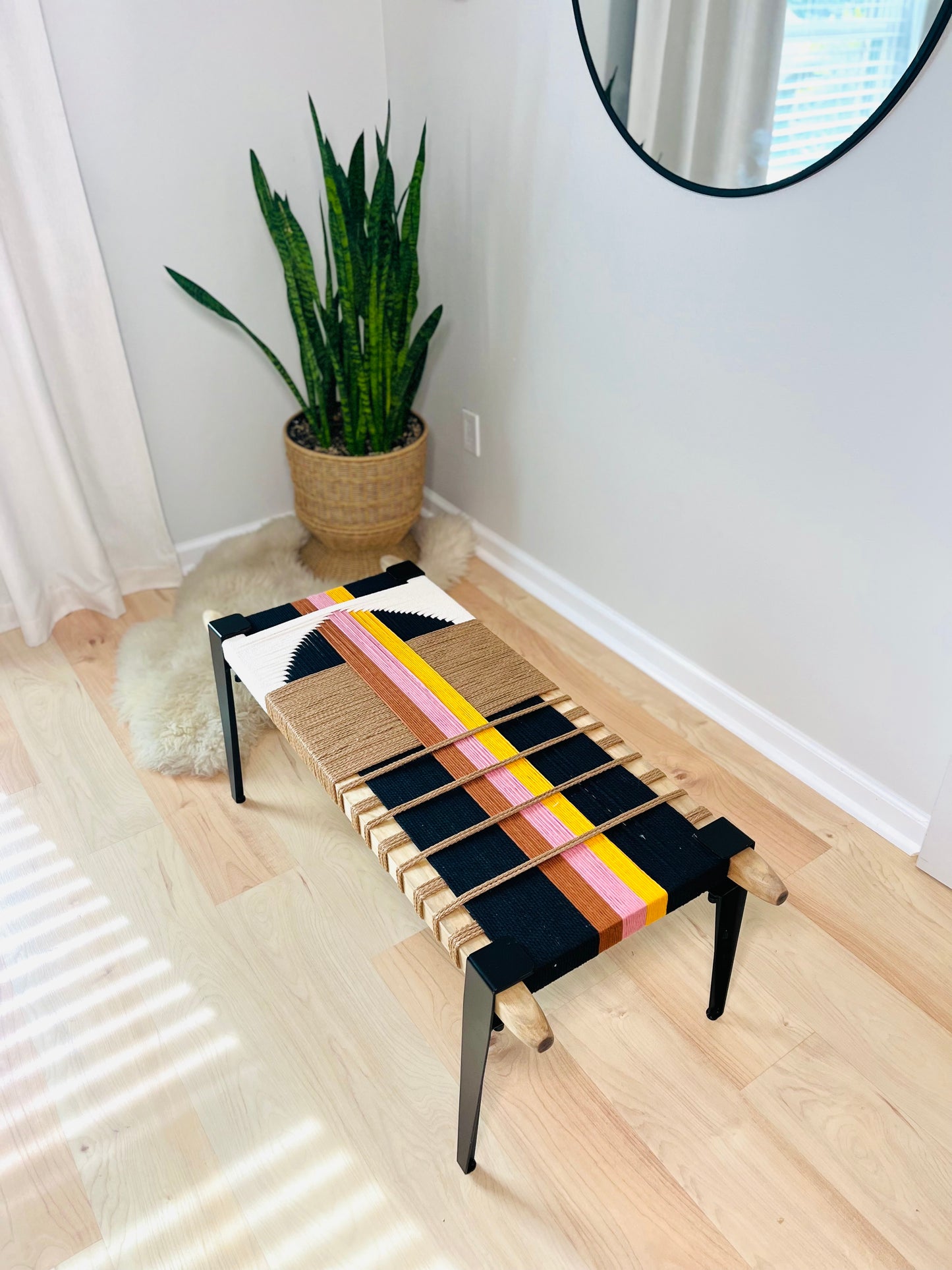 Mid Century Bench | Custom Size Woven Entryway Seating With Matte Black Legs