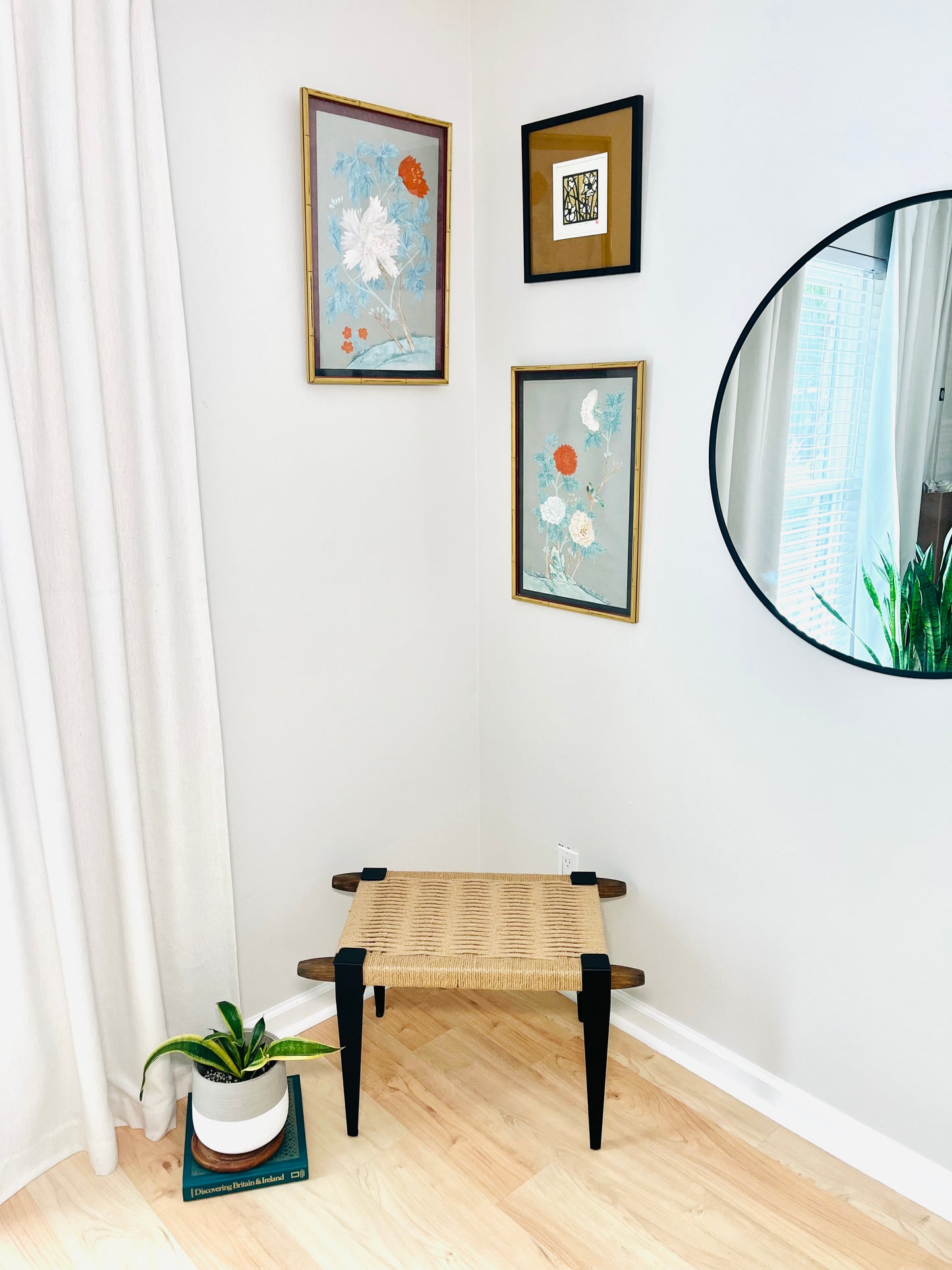 Mid Century Bench | Custom Size Woven Entryway Seating With Matte Black Legs