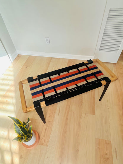 Mid Century Bench | Custom Size Woven Entryway Seating With Matte Black Legs